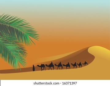 Camel caravan at desert and palm tree leaf