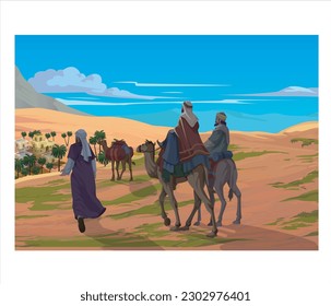 Camel caravan in the desert at sunrise