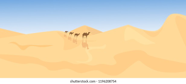 Camel caravan in desert. Vector illustration
