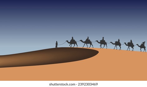 Camel caravan in the desert. Vector illustration. Sketch for creativity.