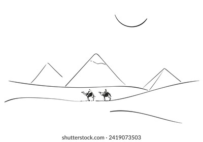 Camel caravan in front of Egyptian pyramids in Giza under the scorching midday sun simple sketch, vector illustration hand drawn black ink line art style on white background