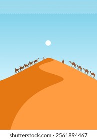 Camel caravan goes on desert dunes. Vector illustration. Sketch for creativity.