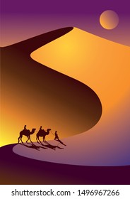 Camel caravan goes through the desert landscape. Vector illustration of Sahara or Namibia desert.