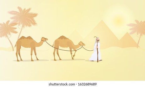 Camel caravan goes through the desert, vector illustration