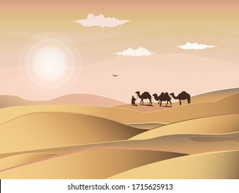 Camel caravan goes through the desert