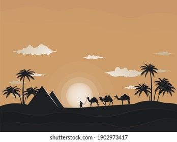 Camel caravan goes through the desert