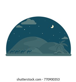 Camel caravan going to oasis on night. Desert dunes on horizon. Moon and stars at dark sky