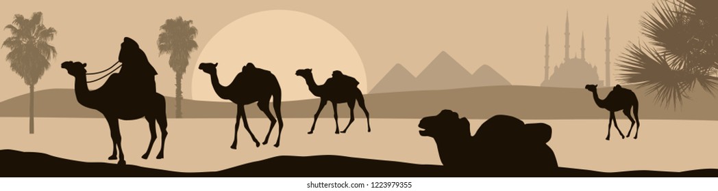 Camel caravan going through the desert, vector illustration