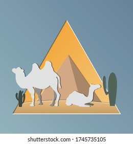 Camel caravan going through the desert, camel in the desert with pyramids in Egypt.Vector illustration