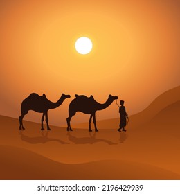 Camel caravan going through the desert vector illustrstion