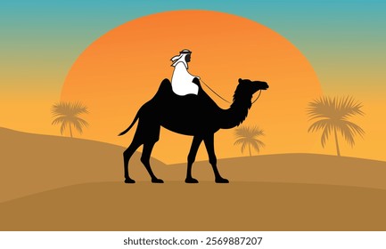 Camel caravan going through the desert vector illustrstion can use for islamic background, banners, poster, website, social and print media.