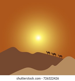 Camel caravan going through the desert on beautiful sunset, vector illustration. for postcards, for advertise and for a site design