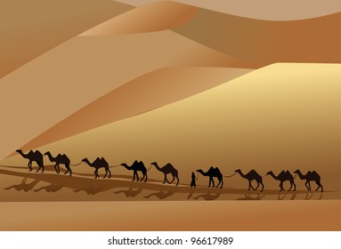 camel caravan going through the desert with a man