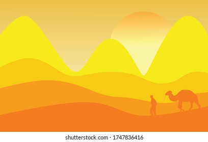 Camel caravan going through the desert,Camel convoy with arabic people in desert with mountains. Caravan on desert meadow at sunset