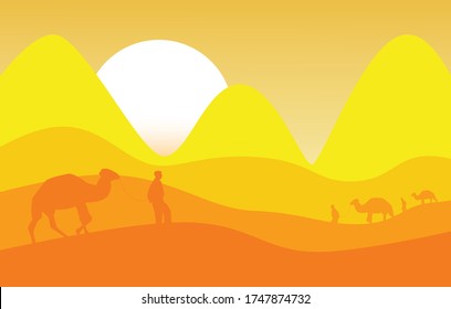 Camel caravan going through the desert,Camel convoy with arabic people in desert with mountains. Caravan on desert meadow at sunset