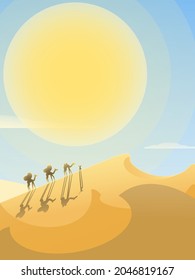 Camel caravan going through the sand dune in desert background graphic illustration