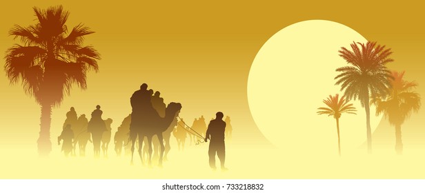 Camel caravan going through the sandstorm in the Sahara Desert