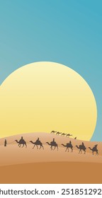 Caravana de camelo no deserto quente. Ilustração vetorial. Esboço para criatividade.