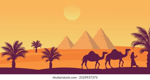 Camel caravan near the pyramids of Egypt. Panoramic landscape. Egyptian pyramids in the desert in the background.