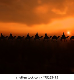 Camel caravan on beautiful Sunset. Editable Vector illustration for islamic background