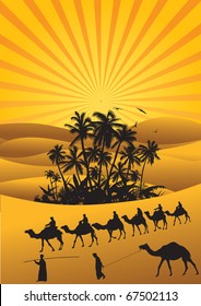 Camel caravan and palm trees at desert