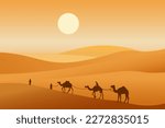 Camel caravan passing through the desert. African landscape. You can use for islamic background, banner, poster, website, social and print media. Vector illustration.