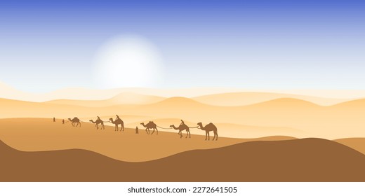 Camel caravan passing through the desert. African landscape. You can use for islamic background, banner, poster, website, social and print media. Vector illustration.