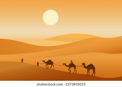 Camel caravan passing through the desert. African landscape. You can use for islamic background, banner, poster, website, social and print media. Vector illustration. svg