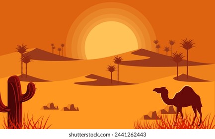 Camel Caravan And Pyramids Flat Bright Color Simplified Vector Illustration In Realistic Cartoon Style Design