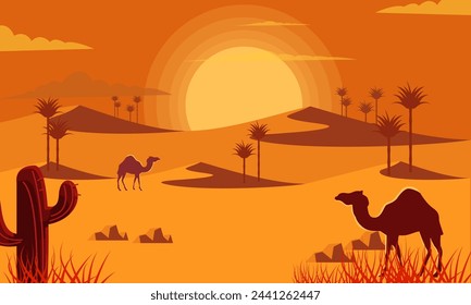 Camel Caravan And Pyramids Flat Bright Color Simplified Vector Illustration In Realistic Cartoon Style Design