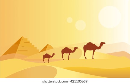 Camel Caravan And Pyramids Flat Bright Color Simplified Vector Illustration In Realistic Cartoon Style Design