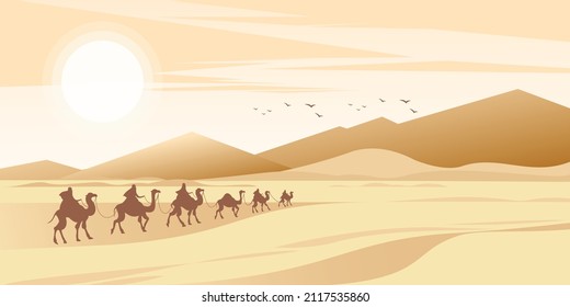 Camel caravan in the sand dunes of a waterless desert at sunset on a hot summer day. Background vector illustration for landing page mockup or flat design advertising banner.