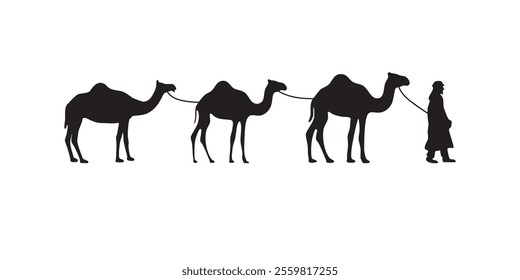 Camel Caravan Silhouettes Following a Desert Guide