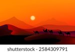 Camel caravan silhouettes going through the desert landsacpe vector illustration. Use for islamic background design, Ramadan Karrem, Eid Mubarak poster, cards, greeting, banner.