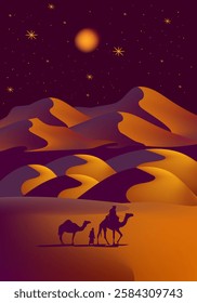 Camel caravan silhouettes going through the desert landsacpe vector illustration. Use for islamic background design, Ramadan Karrem, Eid Mubarak poster, cards, greeting, banner.