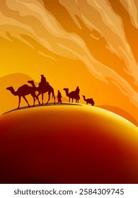 Camel caravan silhouettes going through the desert landsacpe vector illustration. Use for islamic background design, Ramadan Karrem, Eid Mubarak poster, cards, greeting, banner.