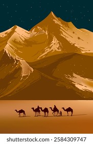 Camel caravan silhouettes going through the desert landsacpe vector illustration. Use for islamic background design, Ramadan Karrem, Eid Mubarak poster, cards, greeting, banner.