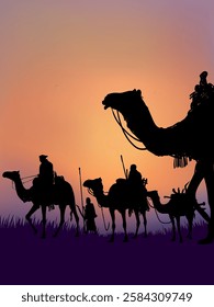 Camel caravan silhouettes going through the desert landsacpe vector illustration. Use for islamic background design, Ramadan Karrem, Eid Mubarak poster, cards, greeting, banner.