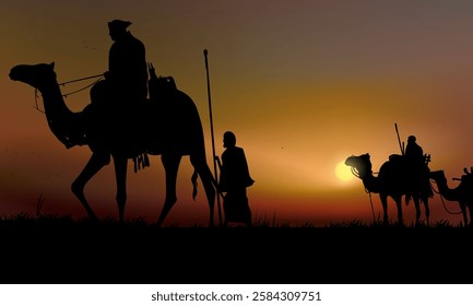 Camel caravan silhouettes going through the desert landsacpe vector illustration. Use for islamic background design, Ramadan Karrem, Eid Mubarak poster, cards, greeting, banner.