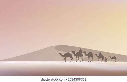 Camel caravan silhouettes going through the desert landsacpe vector illustration. Use for islamic background design, Ramadan Karrem, Eid Mubarak poster, cards, greeting, banner.