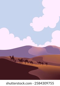 Camel caravan silhouettes going through the desert landsacpe vector illustration. Use for islamic background design, Ramadan Karrem, Eid Mubarak poster, cards, greeting, banner.