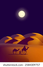 Camel caravan silhouettes going through the desert landsacpe vector illustration. Use for islamic background design, Ramadan Karrem, Eid Mubarak poster, cards, greeting, banner.