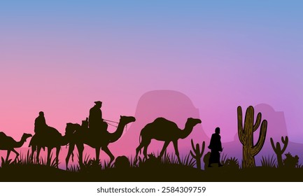 Camel caravan silhouettes going through the desert landsacpe vector illustration. Use for islamic background design, Ramadan Karrem, Eid Mubarak poster, cards, greeting, banner.