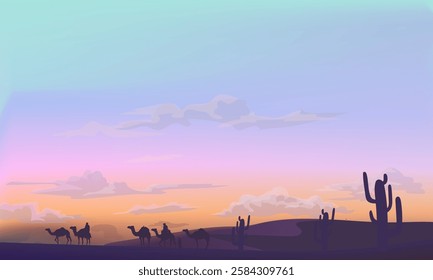 Camel caravan silhouettes going through the desert landsacpe vector illustration. Use for islamic background design, Ramadan Karrem, Eid Mubarak poster, cards, greeting, banner.