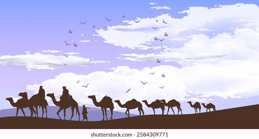 Camel caravan silhouettes going through the desert landsacpe vector illustration. Use for islamic background design, Ramadan Karrem, Eid Mubarak poster, cards, greeting, banner.