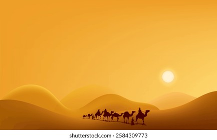 Camel caravan silhouettes going through the desert landsacpe vector illustration. Use for islamic background design, Ramadan Karrem, Eid Mubarak poster, cards, greeting, banner.