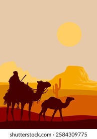 Camel caravan silhouettes going through the desert landsacpe vector illustration. Use for islamic background design, Ramadan Karrem, Eid Mubarak poster, cards, greeting, banner.