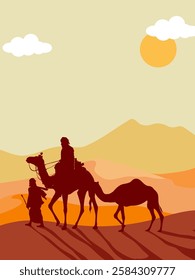 Camel caravan silhouettes going through the desert landsacpe vector illustration. Use for islamic background design, Ramadan Karrem, Eid Mubarak poster, cards, greeting, banner.