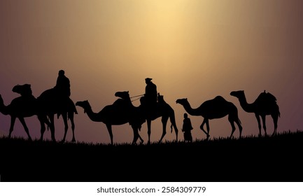 Camel caravan silhouettes going through the desert landsacpe vector illustration. Use for islamic background design, Ramadan Karrem, Eid Mubarak poster, cards, greeting, banner.