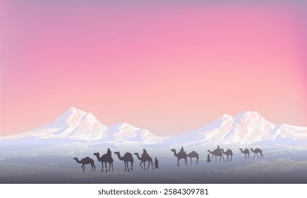 Camel caravan silhouettes going through the desert landsacpe vector illustration. Use for islamic background design, Ramadan Karrem, Eid Mubarak poster, cards, greeting, banner.